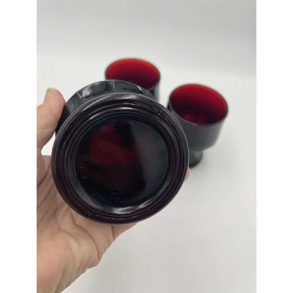 Vtg Set 3 Georgian Dark Ruby Red 8 oz Glass Glasses‎ Cups Drinking 4.25
